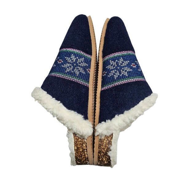 Lands End Womens Wool Blend Slip-On‎ Slippers Sherpa Blue Nordic Snowflake 9 - Picture 7 of 11